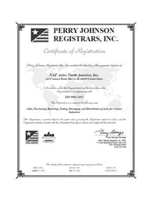 Certificate ISO 9001 NAF Axles North America